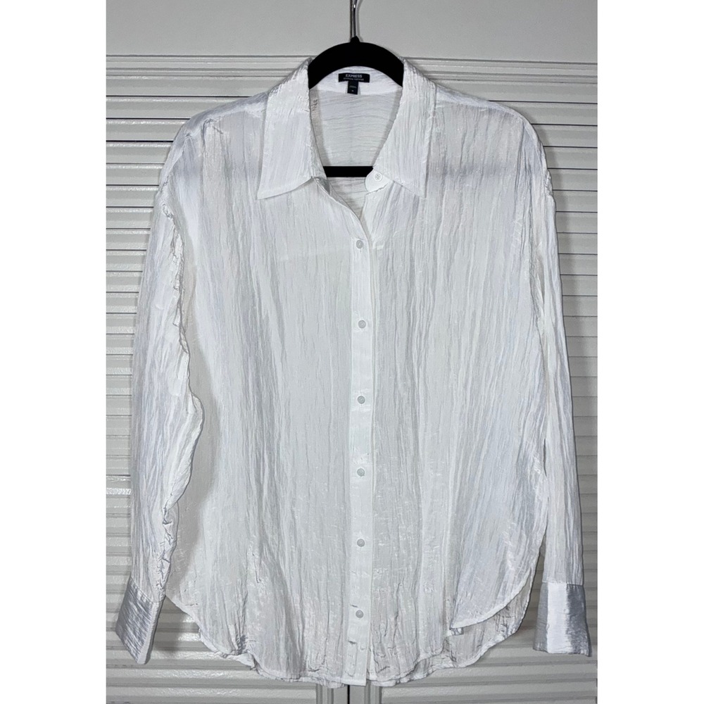 Express Portofino Shirt White Crinkle Texture Boyfriend Fit Button Down Size M